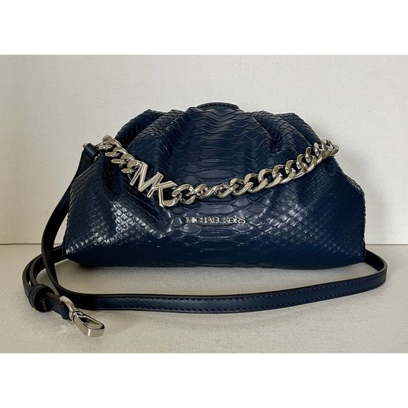 New Michael Kors Nola Small Snake Embossed Crossbody Chain Clutch Navy - Picture 1 of 6